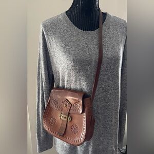 Vintage Carmel Leather Embossed Floral Pattern Crossbody Bag
